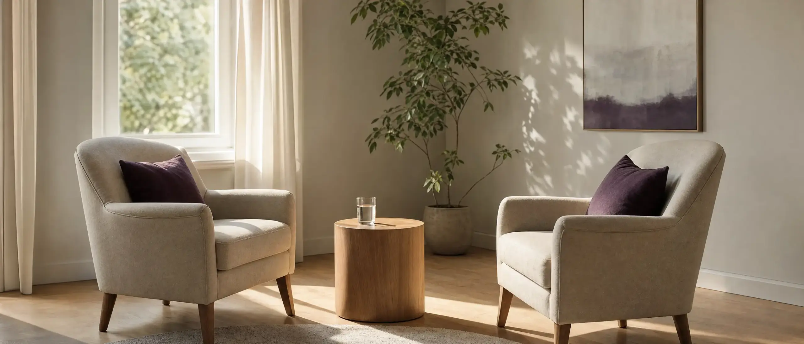Duas poltronas viradas uma para a outra numa sala clara, com luz de janela