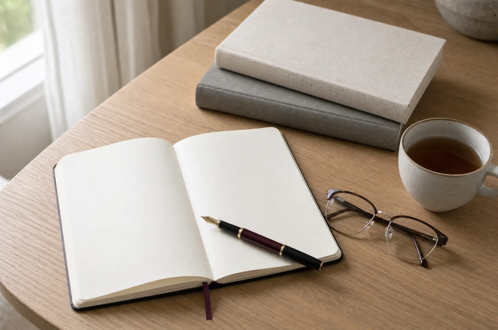 Caderno aberto, caneta e livros sobre uma secretária de madeira clara