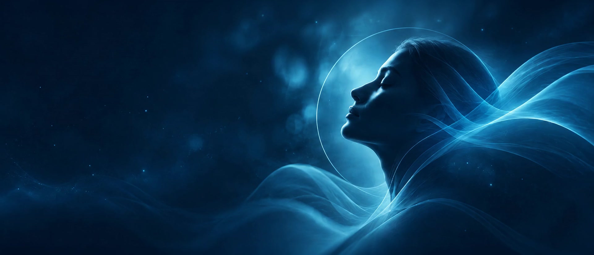 Silhueta de perfil em tons de azul, com ondas de luz — imagem de fundo do cabecalho